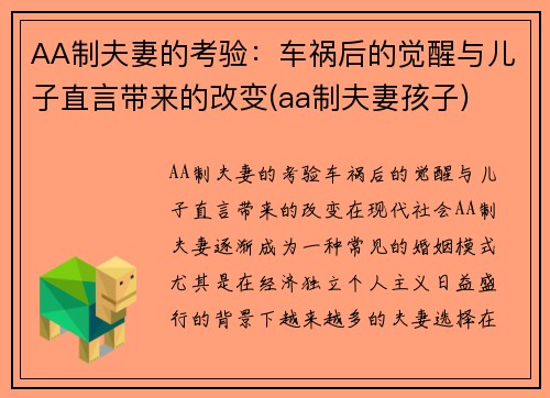 AA制夫妻的考验：车祸后的觉醒与儿子直言带来的改变(aa制夫妻孩子)